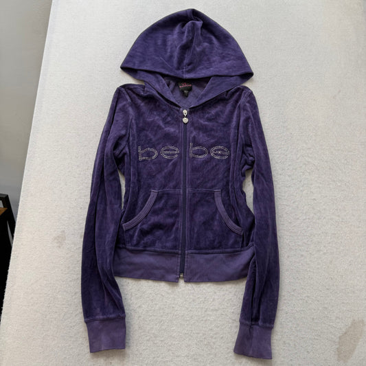 Bebe Women's Deep Purple Velour Zip-Up Hoodie Rhinestone Logo Made in USA Size L