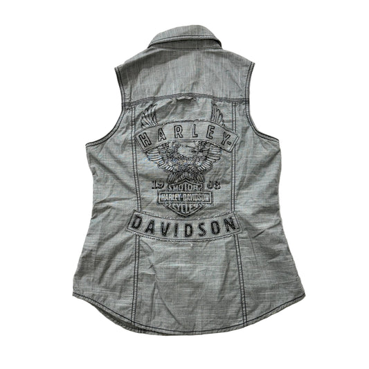 Harley-Davidson Women's Gray Eagle Snap Button Down Shirt Sleeveless Size S