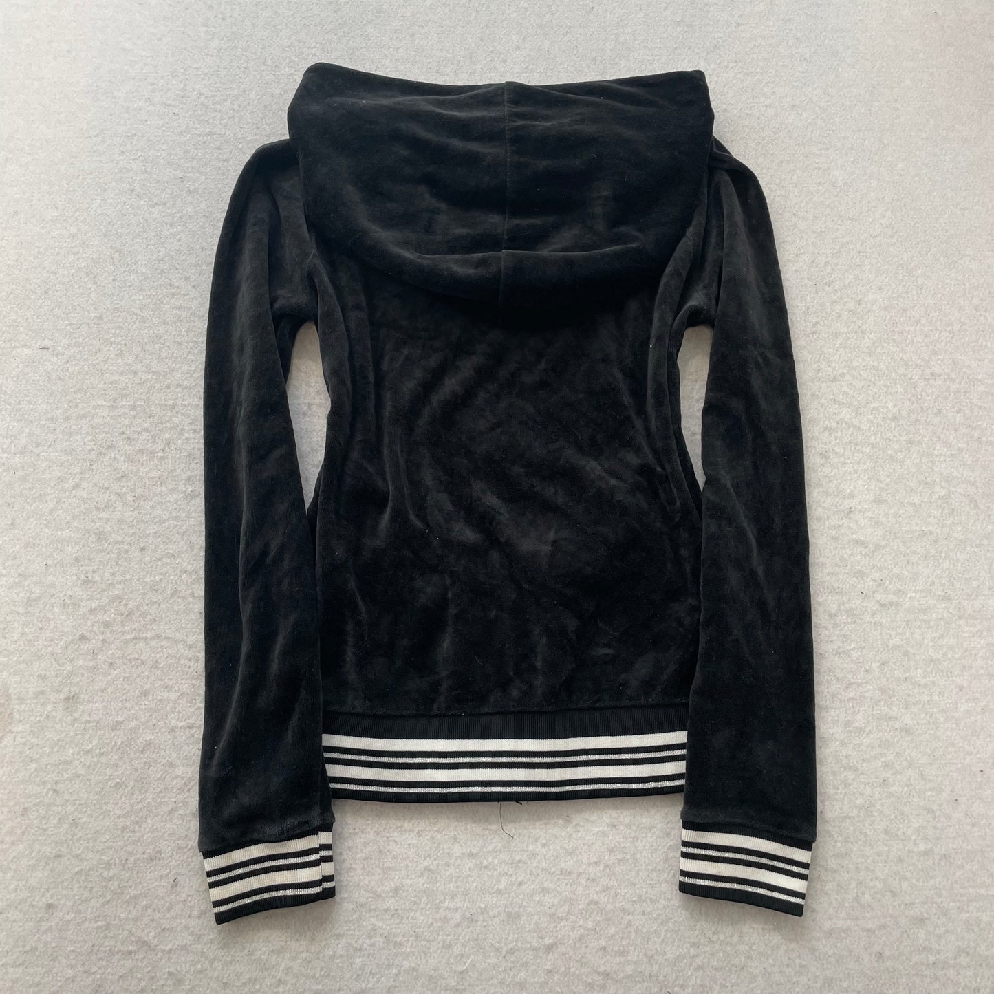 Juicy Couture Women's Black Velour Zip-Up Hoodie Striped Hem Loungewear Size XS