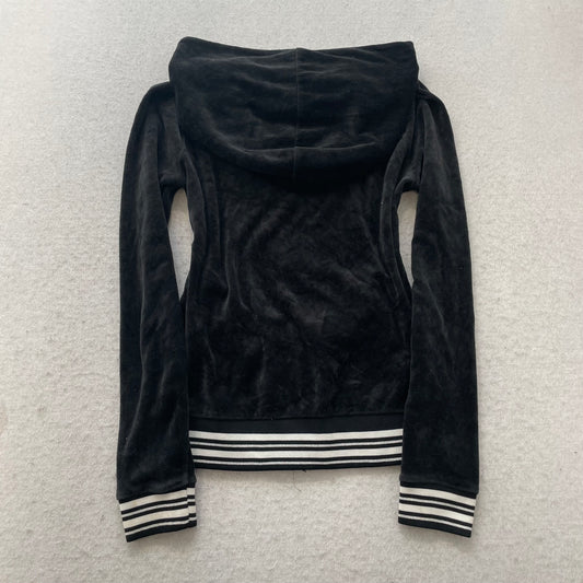 Juicy Couture Women's Black Velour Zip-Up Hoodie Striped Hem Loungewear Size XS