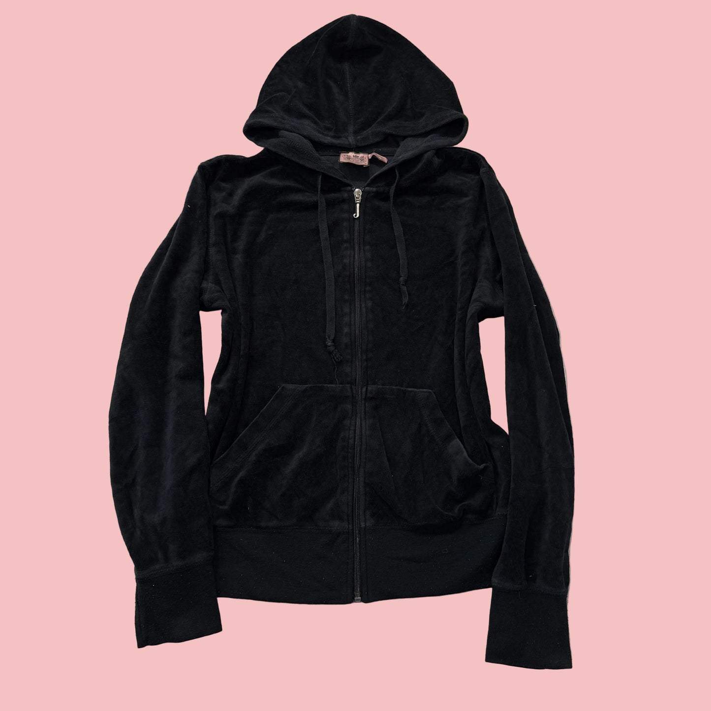 Juicy Couture Women's Black Velour Zip-Up Hoodie Drawstring Pockets Y2k Size M