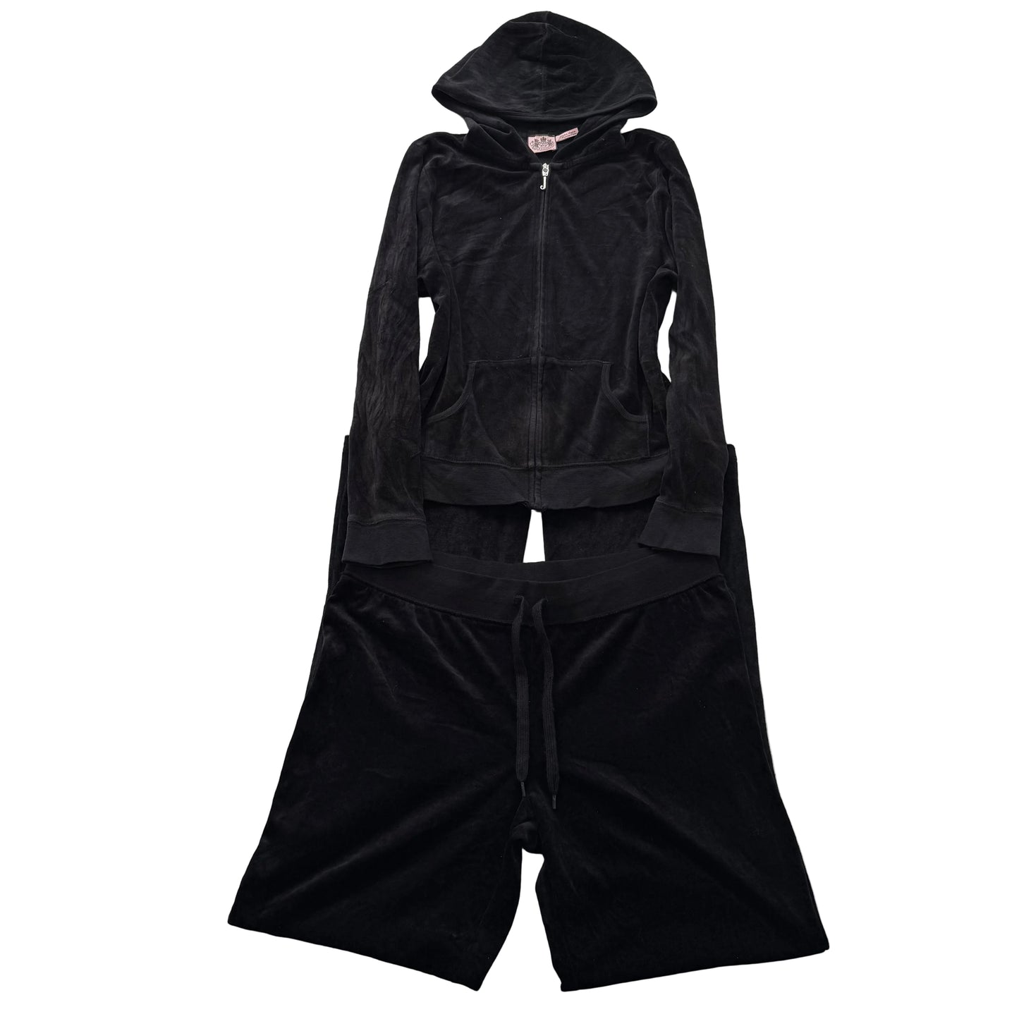 Vintage Juicy Couture Women's Black Velour Tracksuit Set Hoodie & Pant Size L/XL