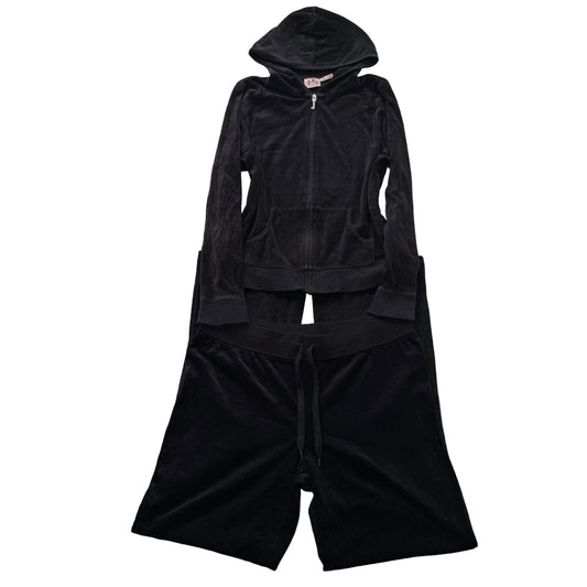 Vintage Juicy Couture Women's Black Velour Tracksuit Set Hoodie & Pant Size L/XL
