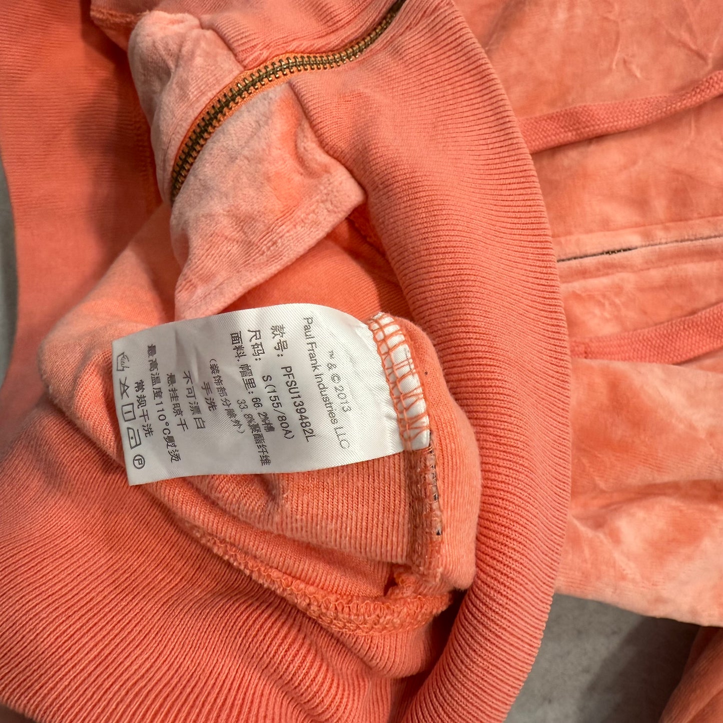 Paul Frank Womens Coral Pink Velour Zip Up Hoodie Embroidered Monkey Logo Size S