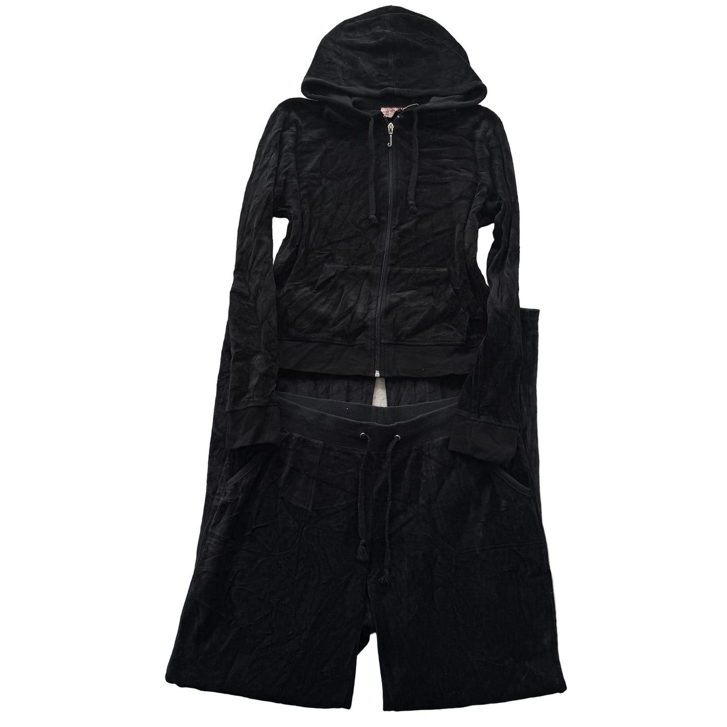 Juicy Couture Women's Black Velour Tracksuit Set Y2k Hoodie & Flared Pant Size M