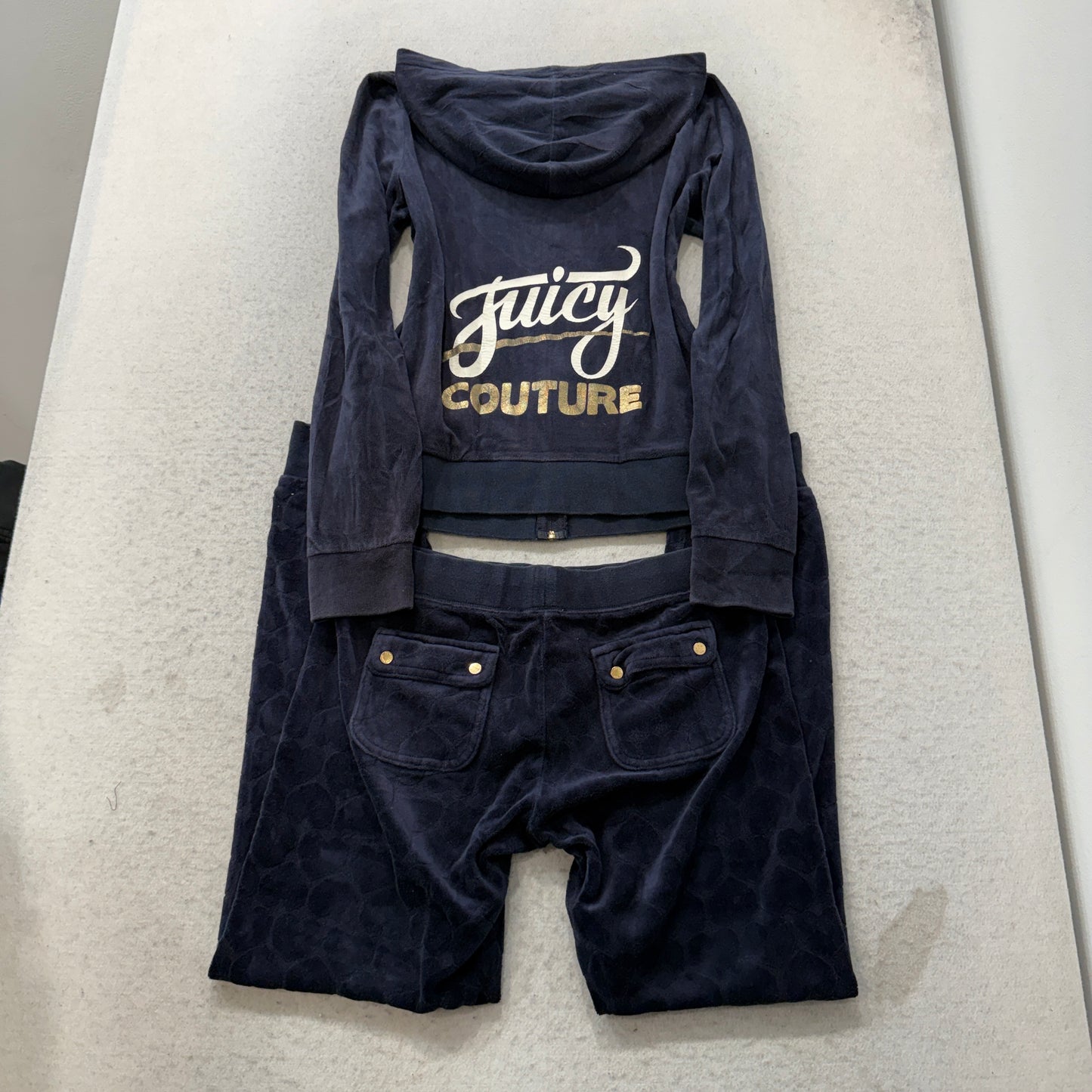 Juicy Couture Women's Navy Blue Velour Tracksuit Set Hoodie & Pants Y2K Size M