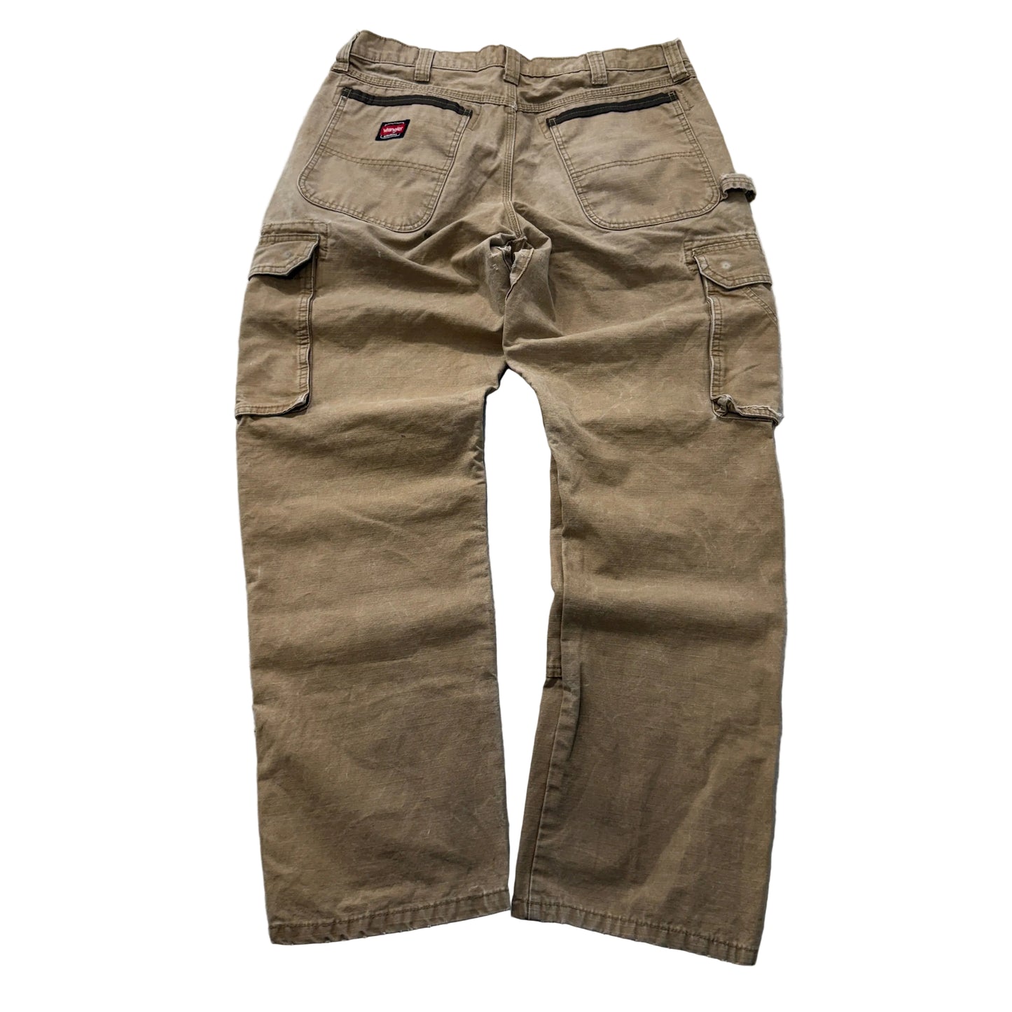 Wrangler Workwear Men's Khaki Relaxed Fit Cargo Pants Distressed Logo Size W34