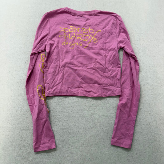 Ed Hardy Women Pink Cropped T-Shirt Long Sleeve Black Panther Graphic Tee Size M