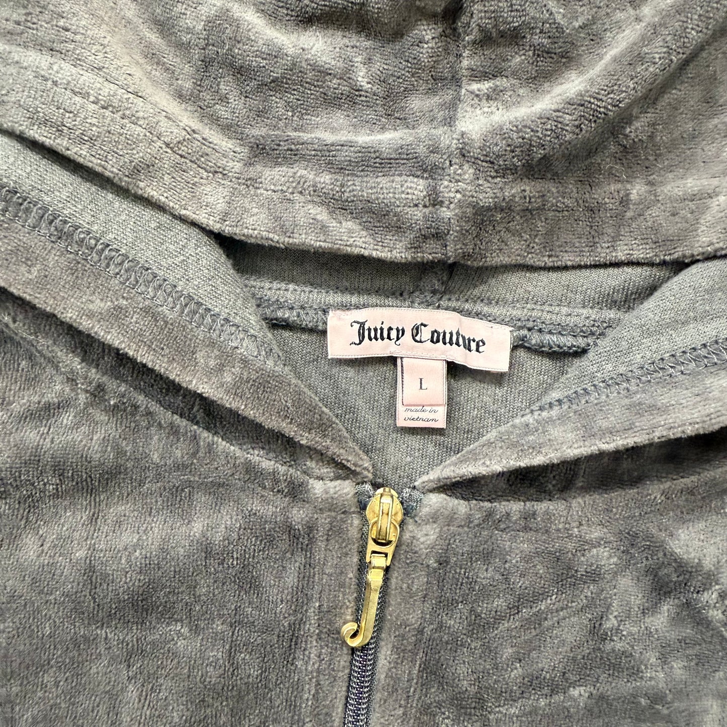 Juicy Couture Women's Charcoal Velour Zip-Up Hoodie Pockets Graphic Logo Size L