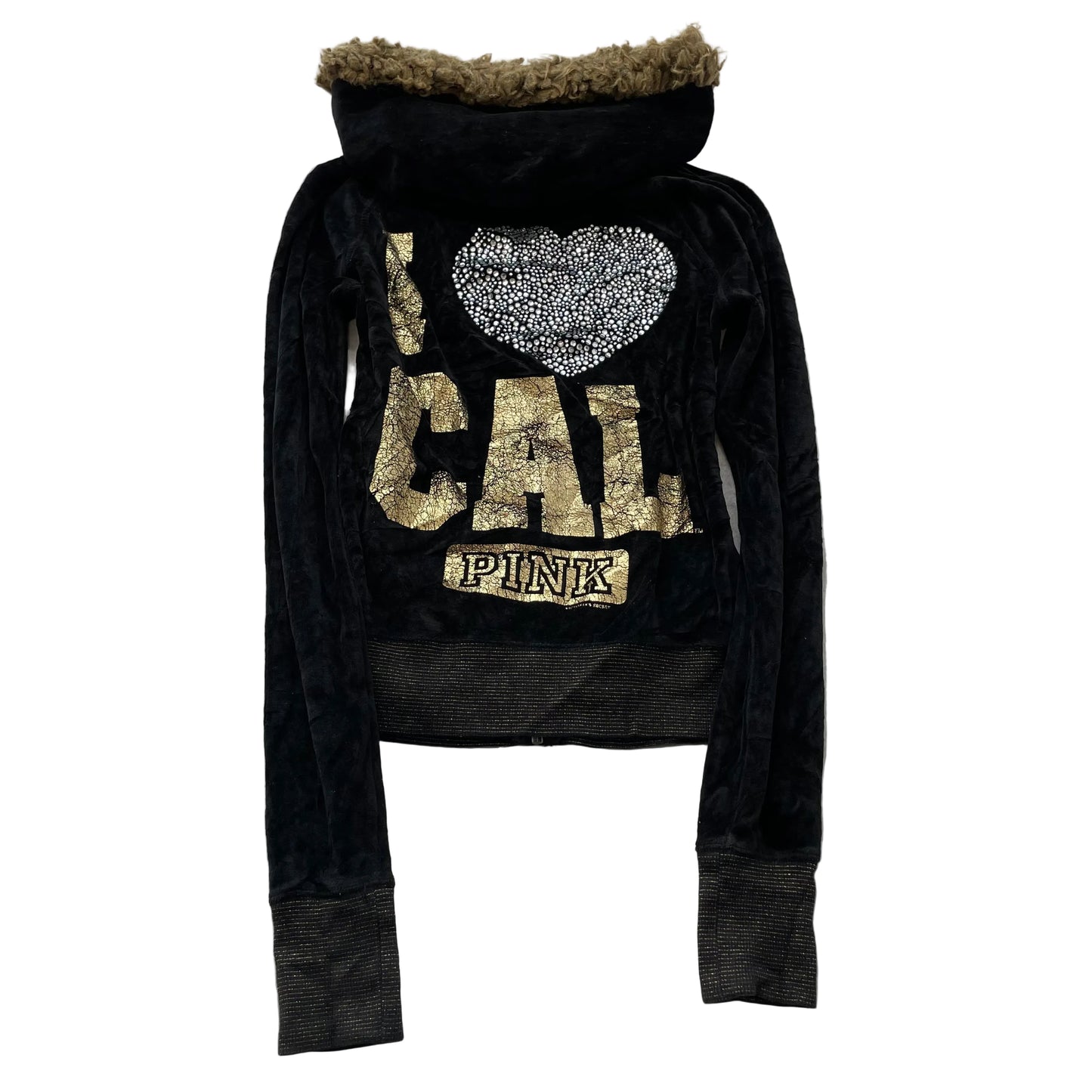Victoria's Secret PINK Women Black Velour Zip-Up Hoodie Faux Fur-Lined Hood - XS