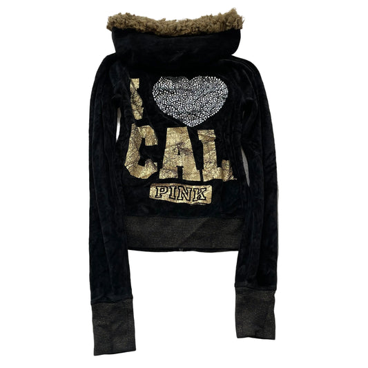 Victoria's Secret PINK Women Black Velour Zip-Up Hoodie Faux Fur-Lined Hood - XS