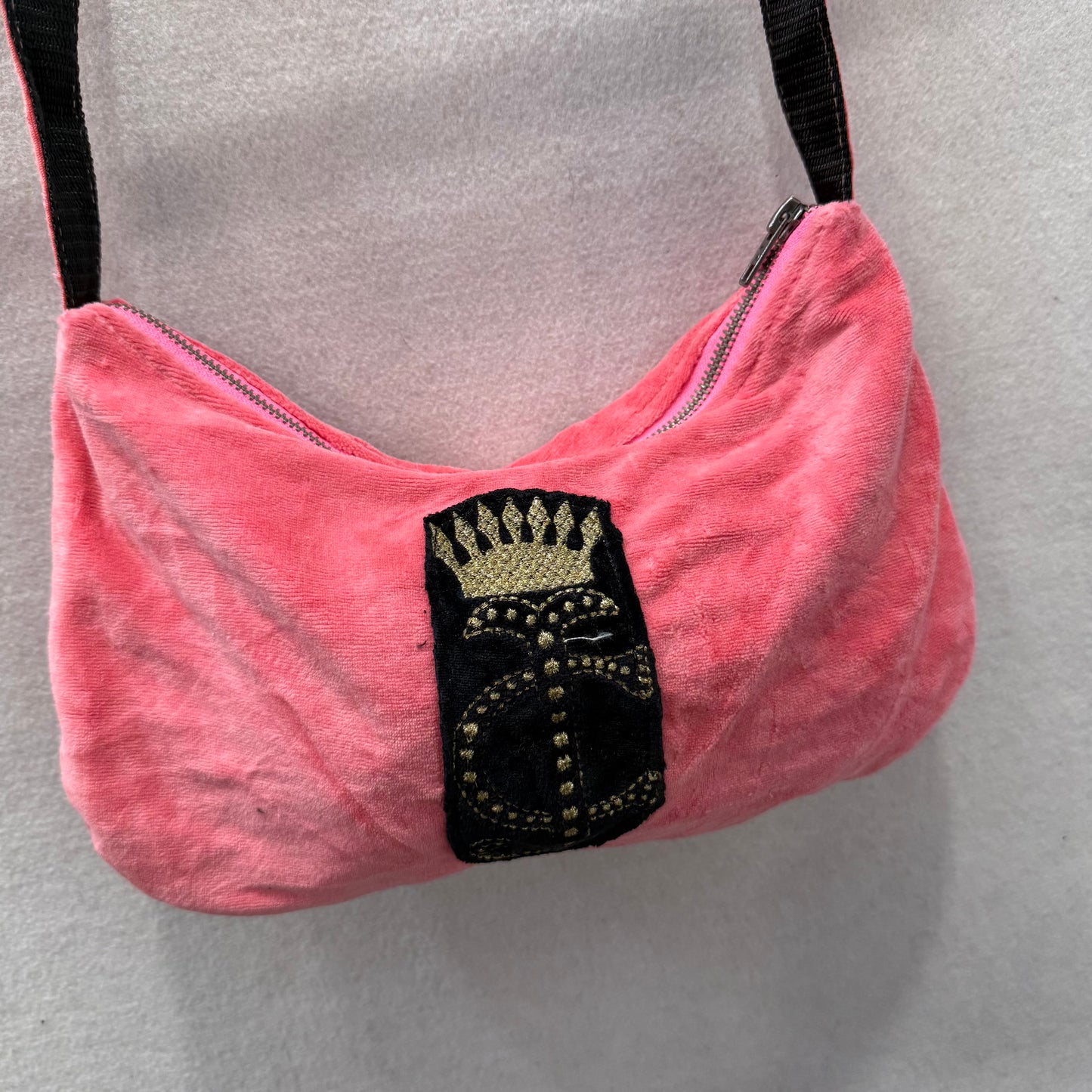 PINK Victoria's Secret Pink Black Velour Crown J Logo Patch Shoulder Bag Size S