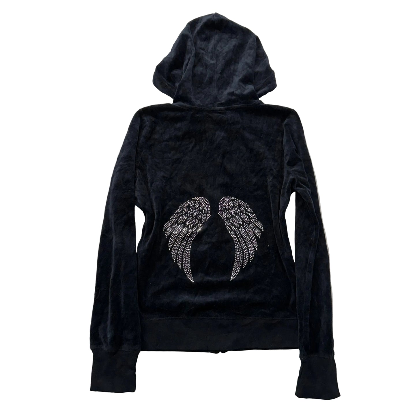 Pink Rose Women's Black Velour Zip Up Hoodie Rhinestones Angel Wings Y2K Size L