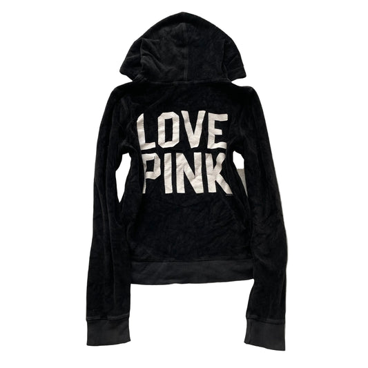 Victoria's Secret PINK Women's Jet Black Velour Zip-Up Hoodie Drawstring Size L
