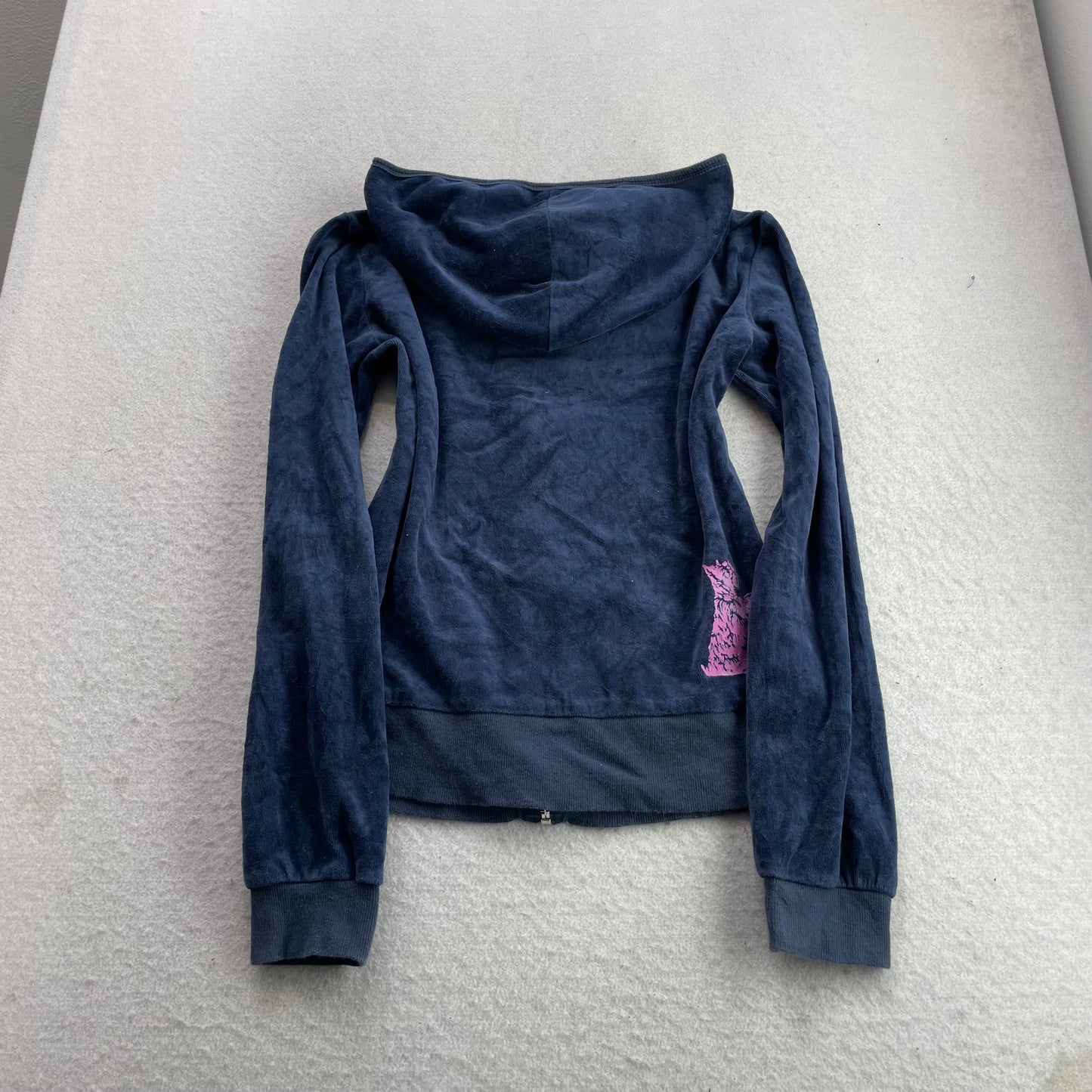 Juicy Couture Women's Navy Velour Zip-Up Hoodie Kangaroo Pockets Dog Logo Size M