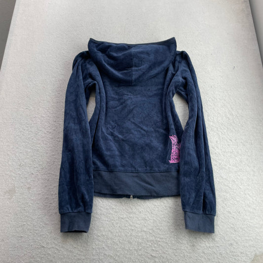 Juicy Couture Women's Navy Velour Zip-Up Hoodie Kangaroo Pockets Dog Logo Size M