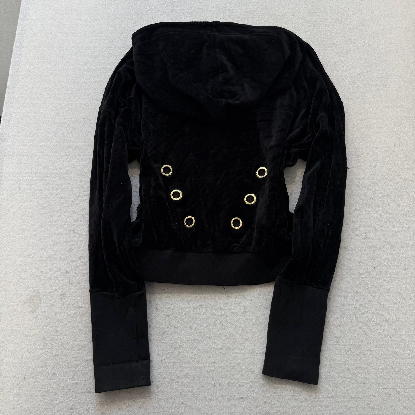 Juicy Couture Women's Black Velour Zip-Up Hoodie Gold Grommets Black Label Size M