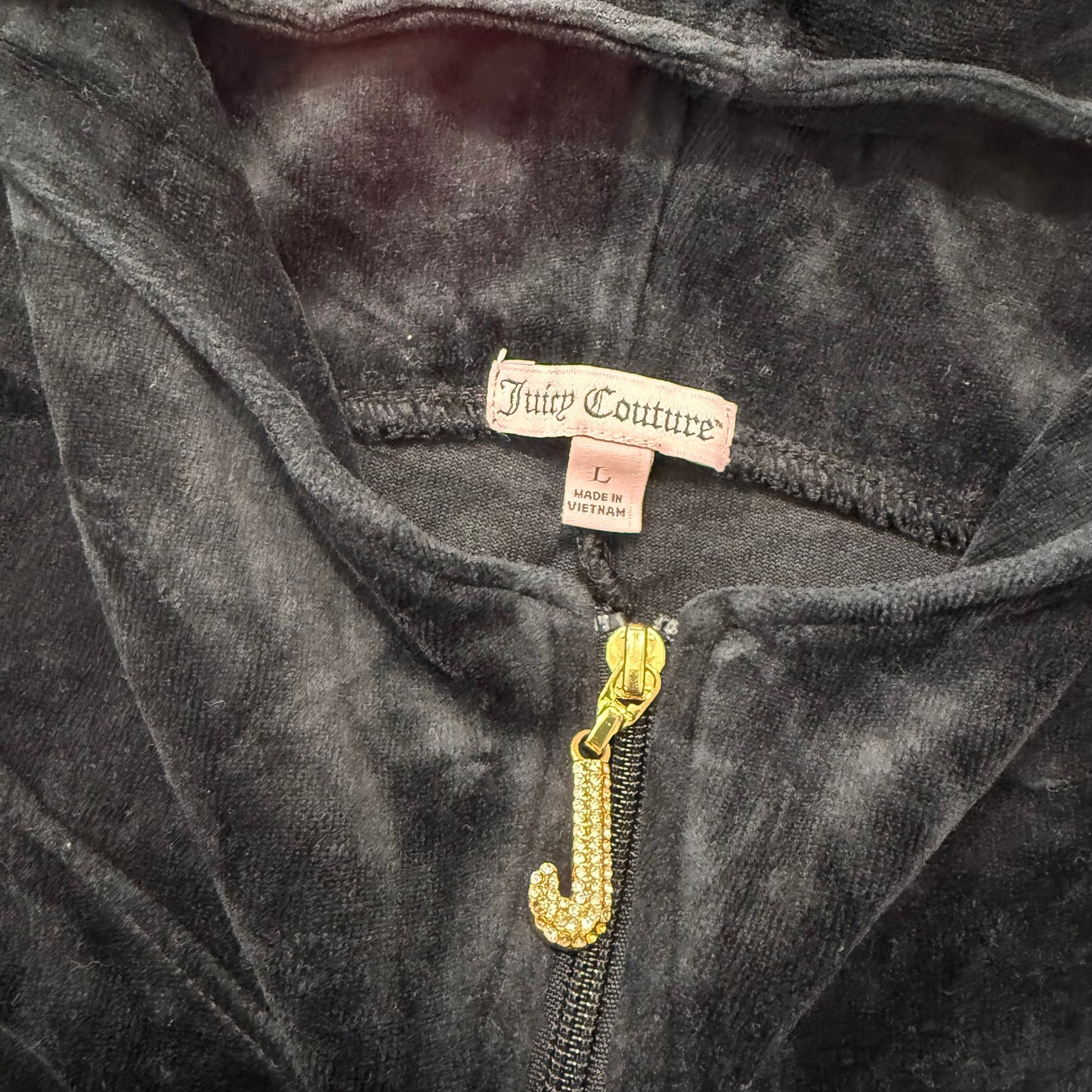 Juicy Couture Women's Black Velour Full Zip Hoodie Rhinestone Zip Pockets Size L
