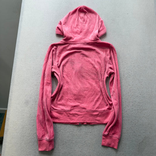 Juicy Couture Women's Pink Velour Zip-Up Hoodie Split Kangaroo Pockets Size M