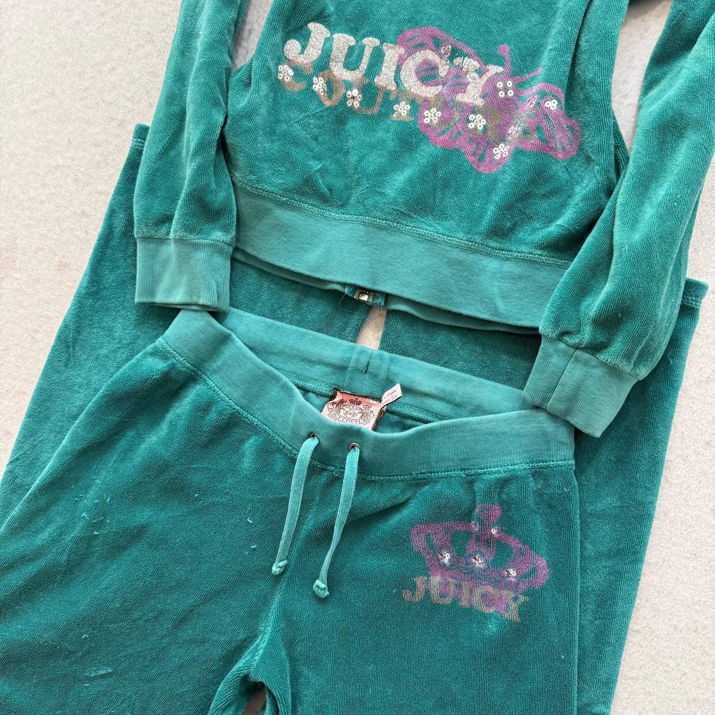 Juicy Couture Women's Blue-Green Terry cloth Tracksuit Set Hoodie & Pant Size 12