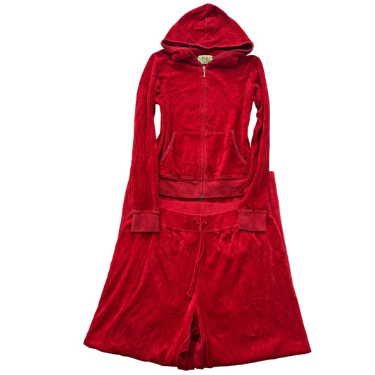 2003 Vtg Juicy Couture Women's Red Velour Tracksuit Set Hoodie & Pant Size L/XL