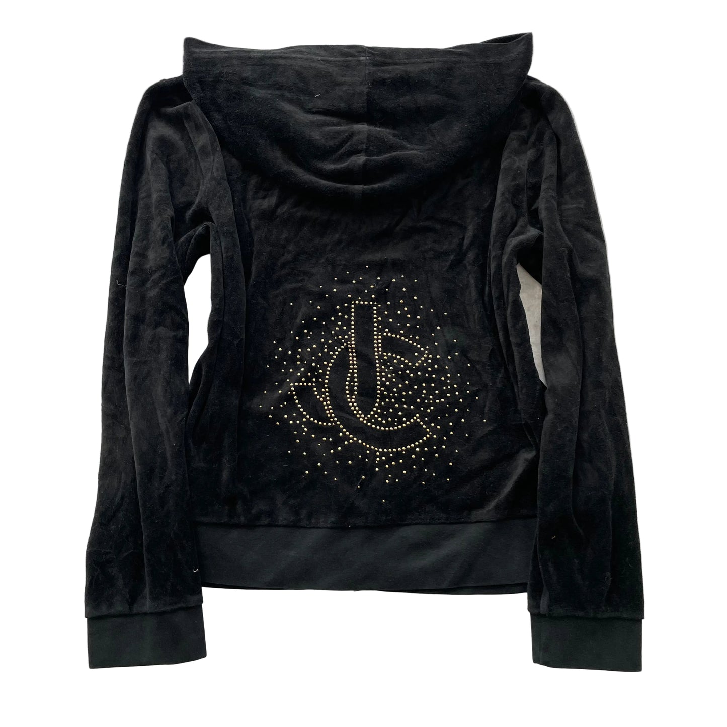 Juicy Couture Women's Black Velour Zip-Up Hoodie Rhinestone "JC" Logo Y2k Size L