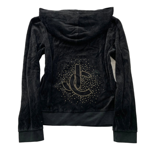 Juicy Couture Women's Black Velour Zip-Up Hoodie Rhinestone "JC" Logo Y2k Size L