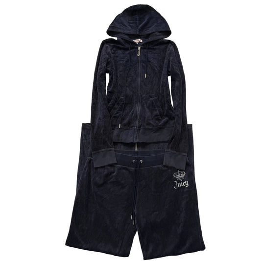 Juicy Couture Women's Navy Velour Hoodie & Drawstring Pant Tracksuit Set Size M