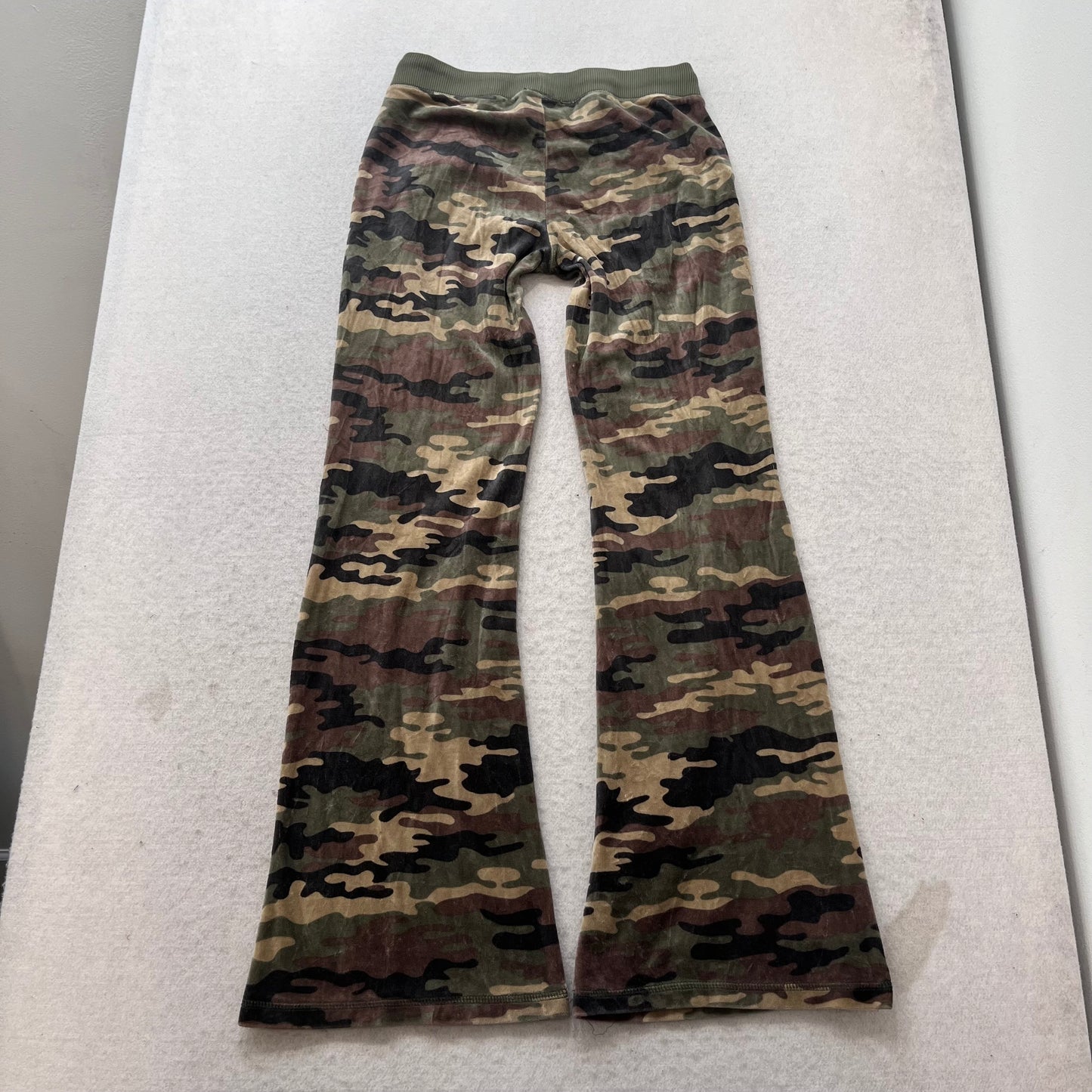 Vintage Juicy Couture Women's Camo Print Velour Flared Track Pant Pockets Size S