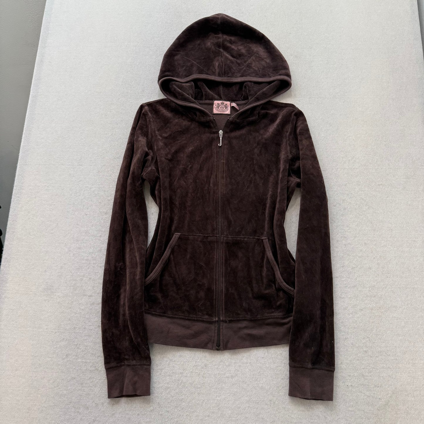 Vintage Juicy Couture Women's Brown Velour Zip Up Hoodie Loungewear Logo Size L