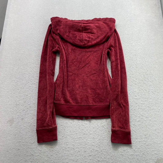 Hollister Women Maroon Velour Zip-Up Hoodie Long Sleeve Pocket Loungewear Size M