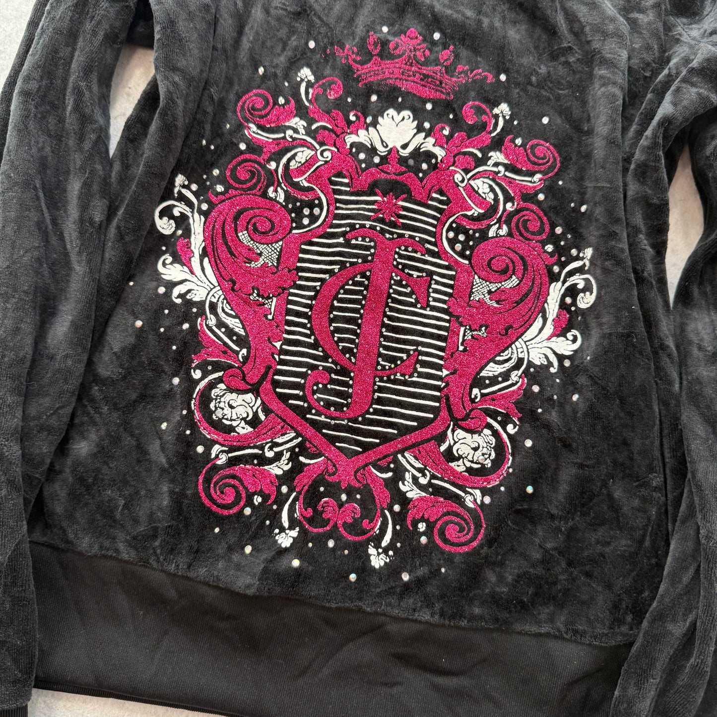 Juicy Couture Women's Black Velour Zip-Up Hoodie Rhinestones Accent Logo Size L