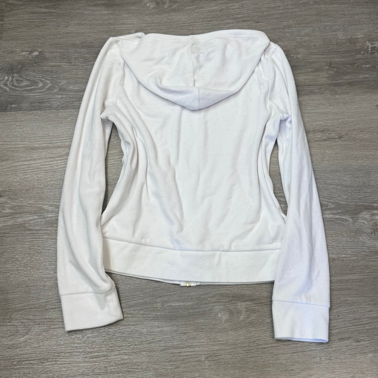 Juicy Couture Women's White Velour Zip-Up Hoodie Pockets Rhinestone Logo Size L
