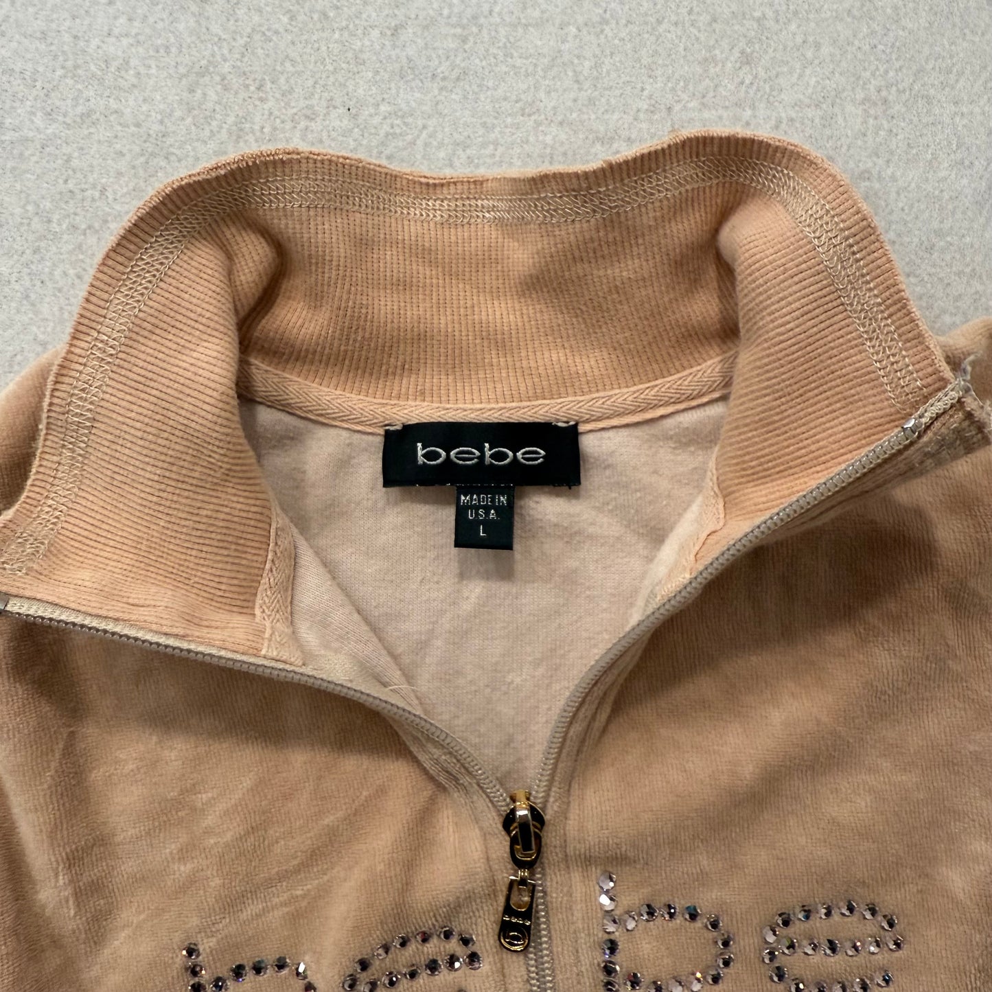 Bebe Women's Camel Velour Full Zip Track Jacket Rhinestones Logo Preppy Size L