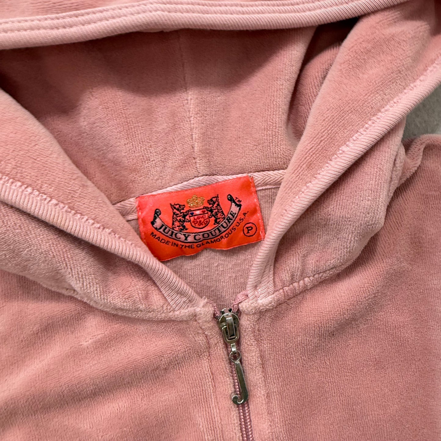 2003 Vintage Juicy Couture Pink Velour Zip-Up Hoodie White Stripe Rib Hem Size P