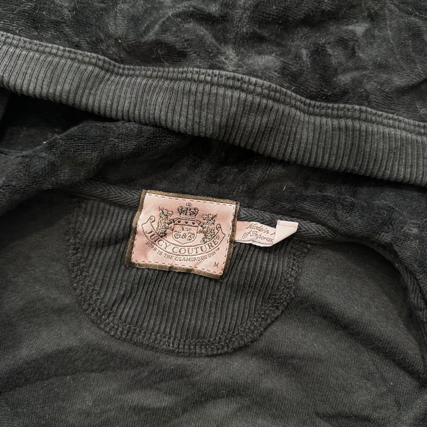 Juicy Couture Women's Black Velour Zip-Up Hoodie Drawstring Waist Pockets Size M