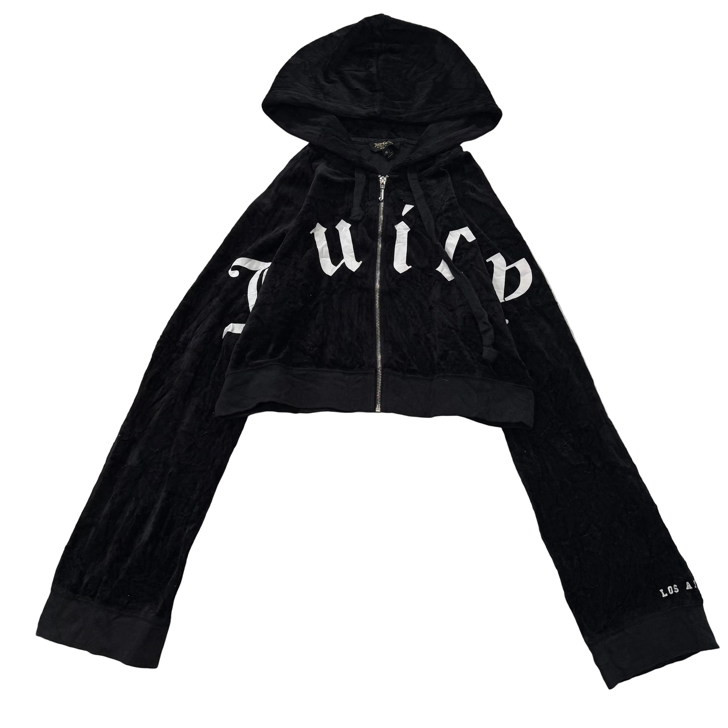 Juicy Couture Women's Jet Black Velour Zip-Up Cropped Hoodie Long Sleeve Size M