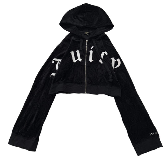 Juicy Couture Women's Jet Black Velour Zip-Up Cropped Hoodie Long Sleeve Size M
