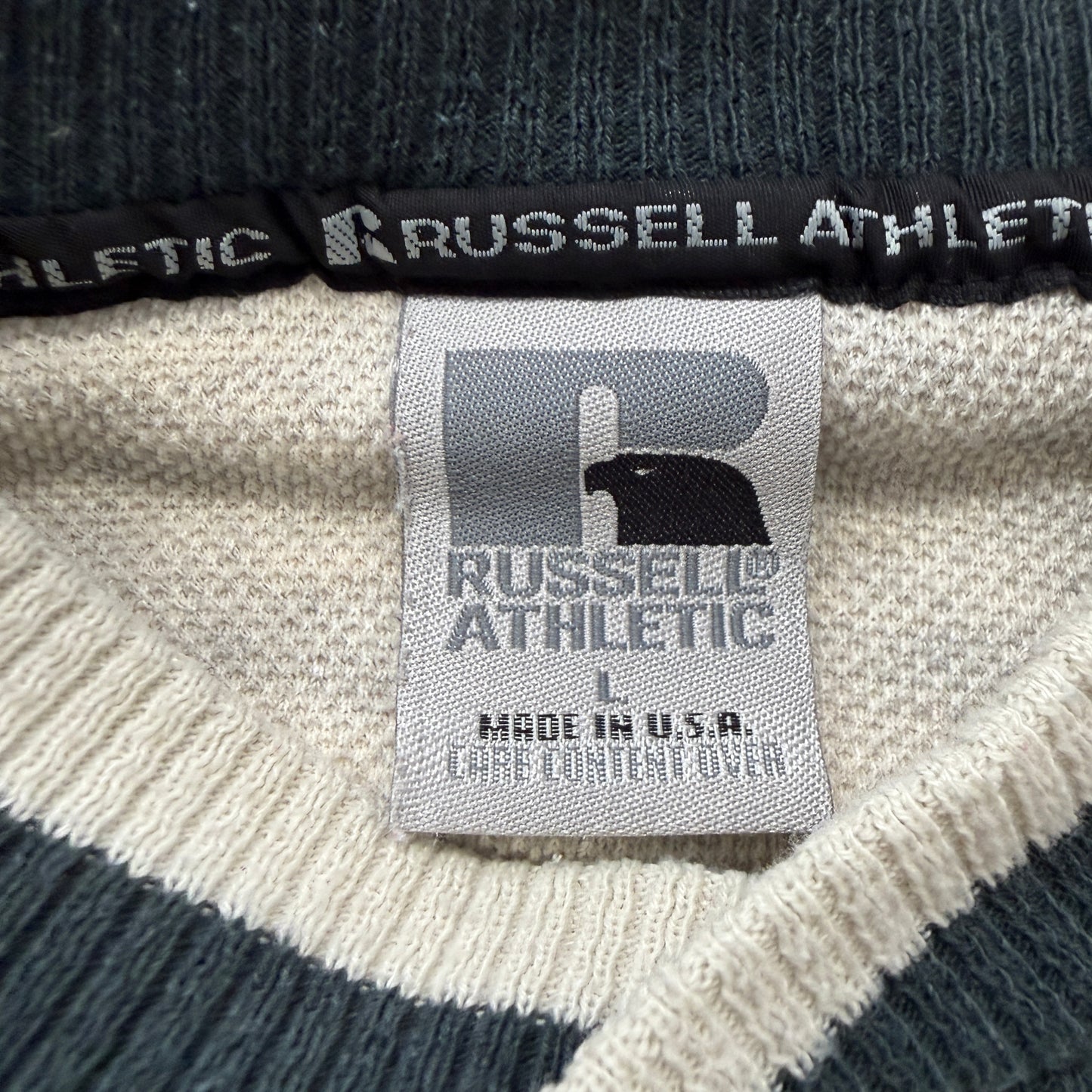 Vintage Russell Athletic Men's Gray Striped Collar Sweatshirt Made in USA Size L