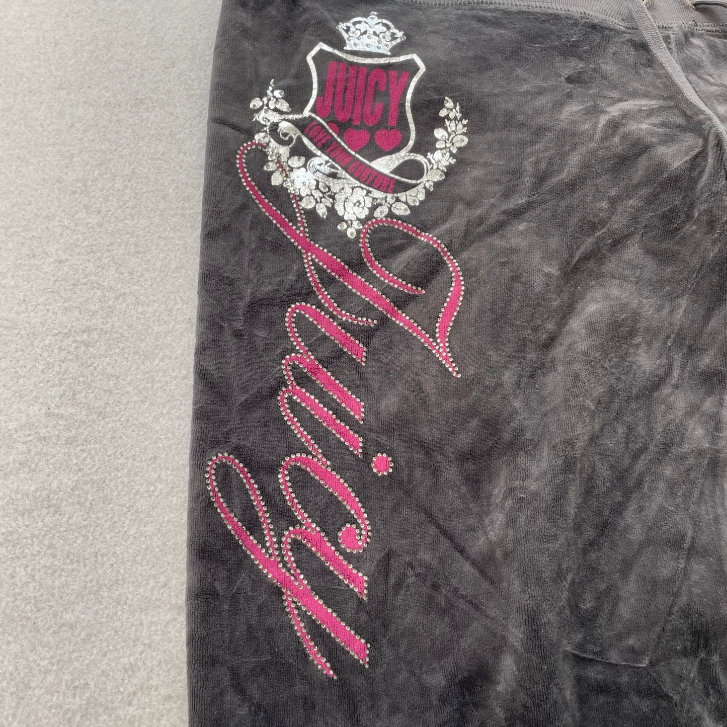 Juicy Couture Women Deep Charcoal Velour Flare Track Pant Rhinestone Logo Size M