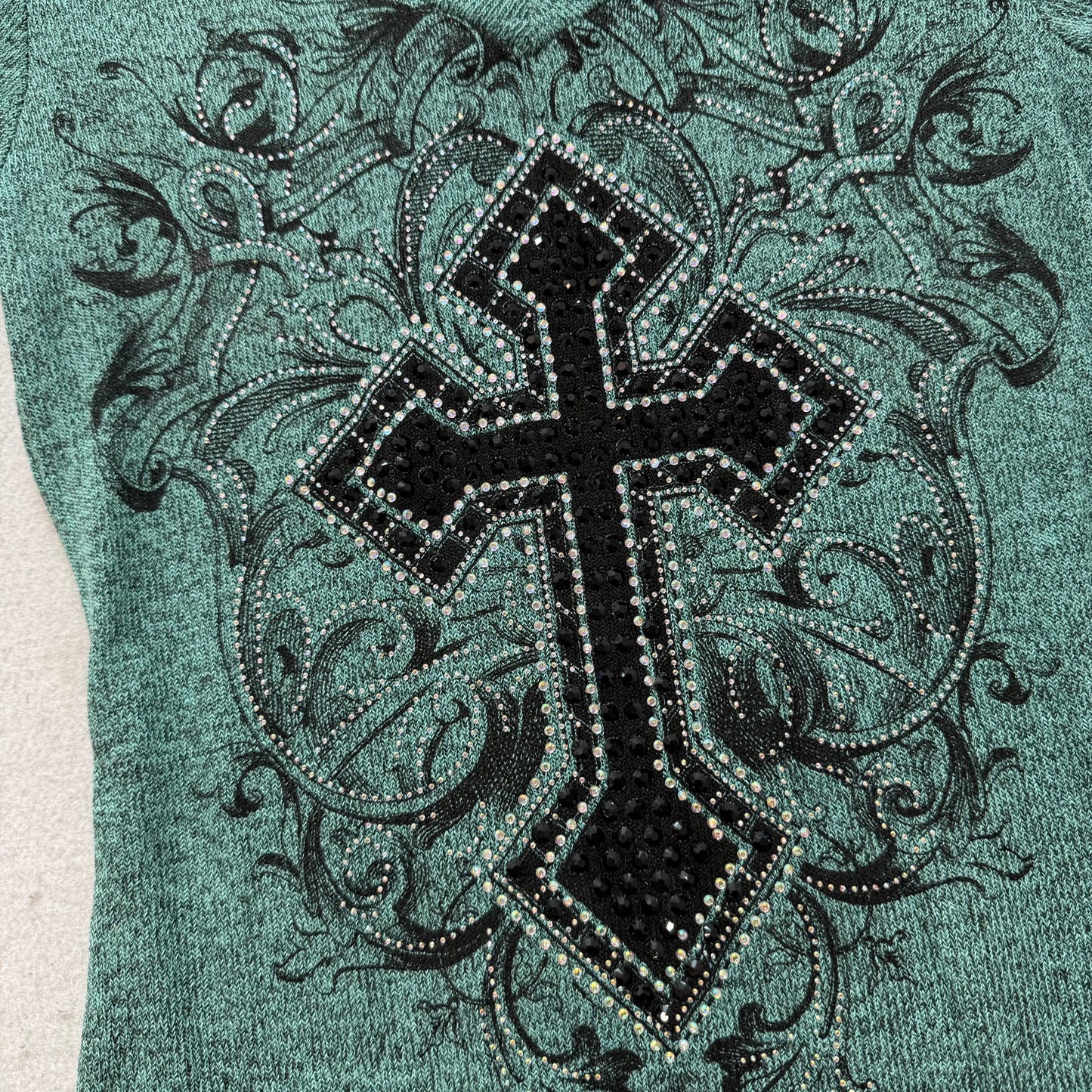 Vocal Women's Blue Green Cross Graphic V-Neck Top Rhinestone Stretch Size M