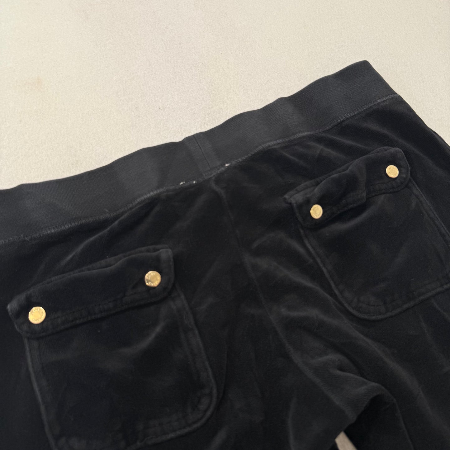 Juicy Couture Women's Black Velour Flared Track Pants Snap Flap Pockets Size S