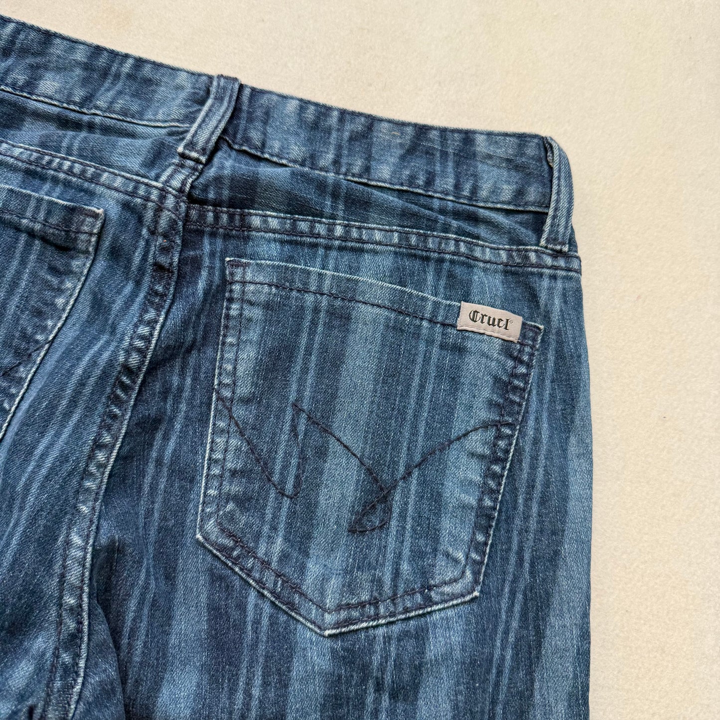 Cruel Hannah Women Blue Denim Bootcut Jeans Striped Bell Bottom Low Rise Size 28