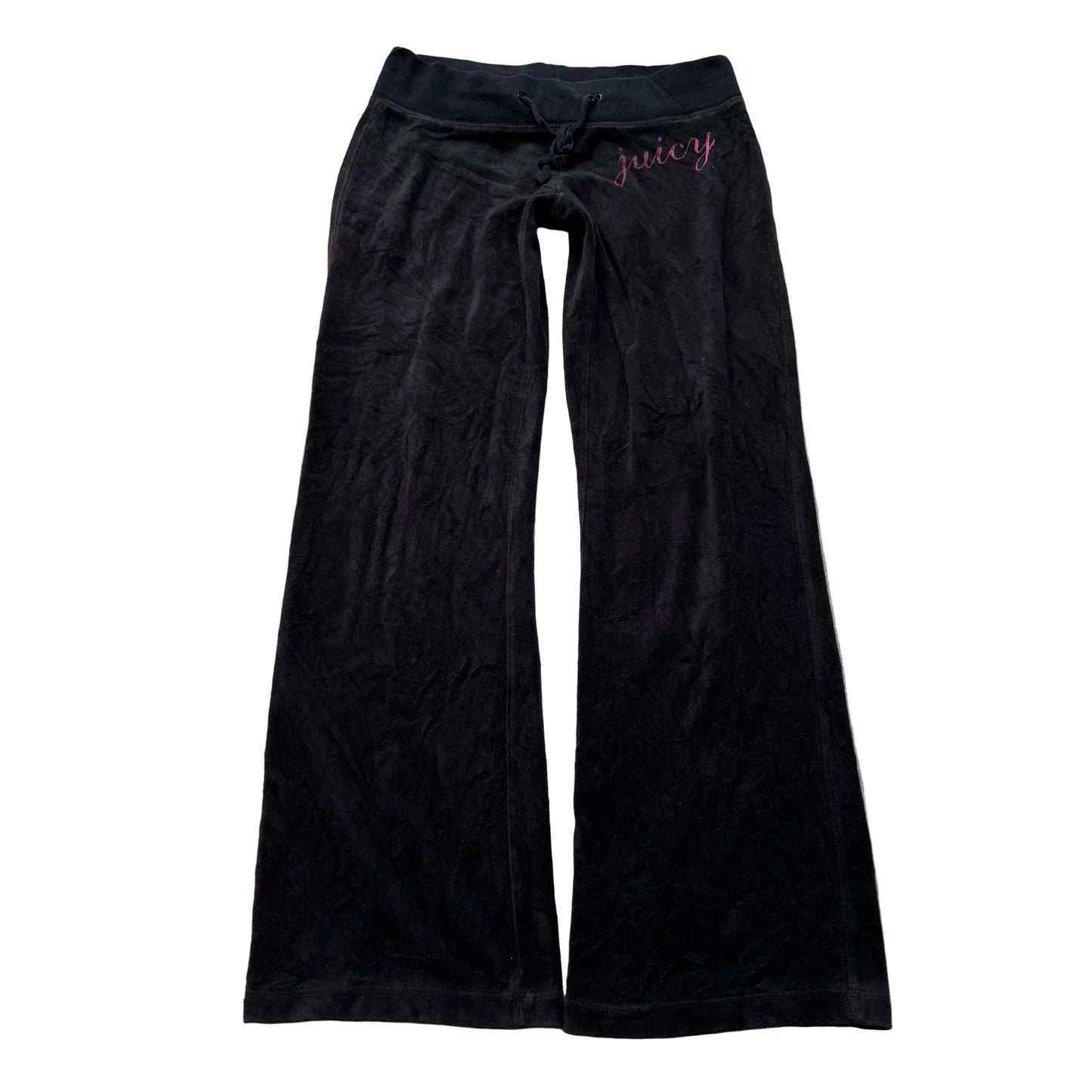 Vintage Juicy Couture Women Black Velour Flare Track Pant Drawstring Logo Size S
