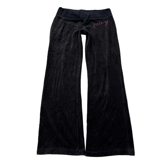 Vintage Juicy Couture Women Black Velour Flare Track Pant Drawstring Logo Size S
