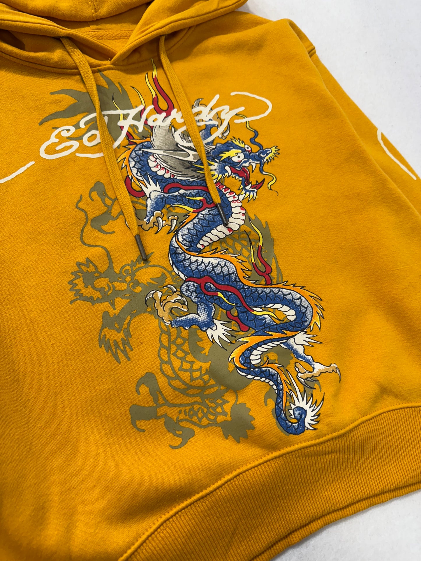 ED HARDY “Dragon” GOLDEN YELLOW CROPPED PULLOVER HOODIE - Clean Curriculums 