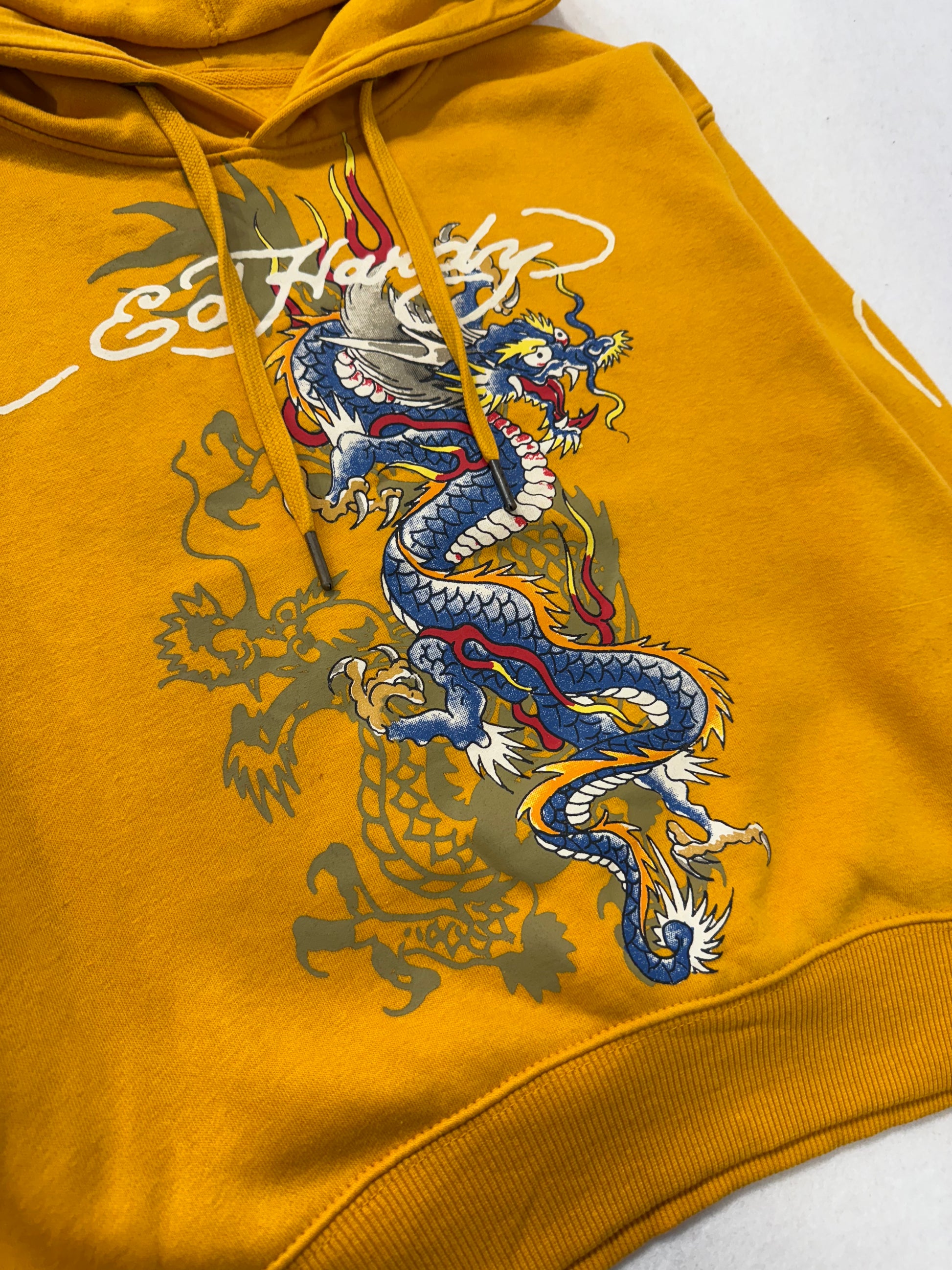 ED HARDY “Dragon” GOLDEN YELLOW CROPPED PULLOVER HOODIE - Clean Curriculums 