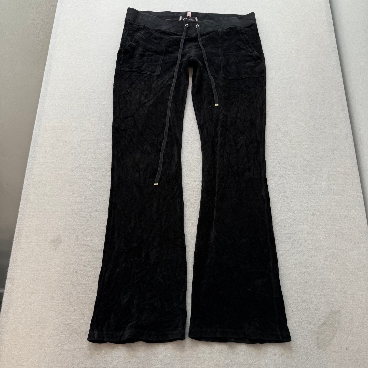 Juicy Couture Women's Black Velour Flared Track Pants Back Snap Pockets Size M