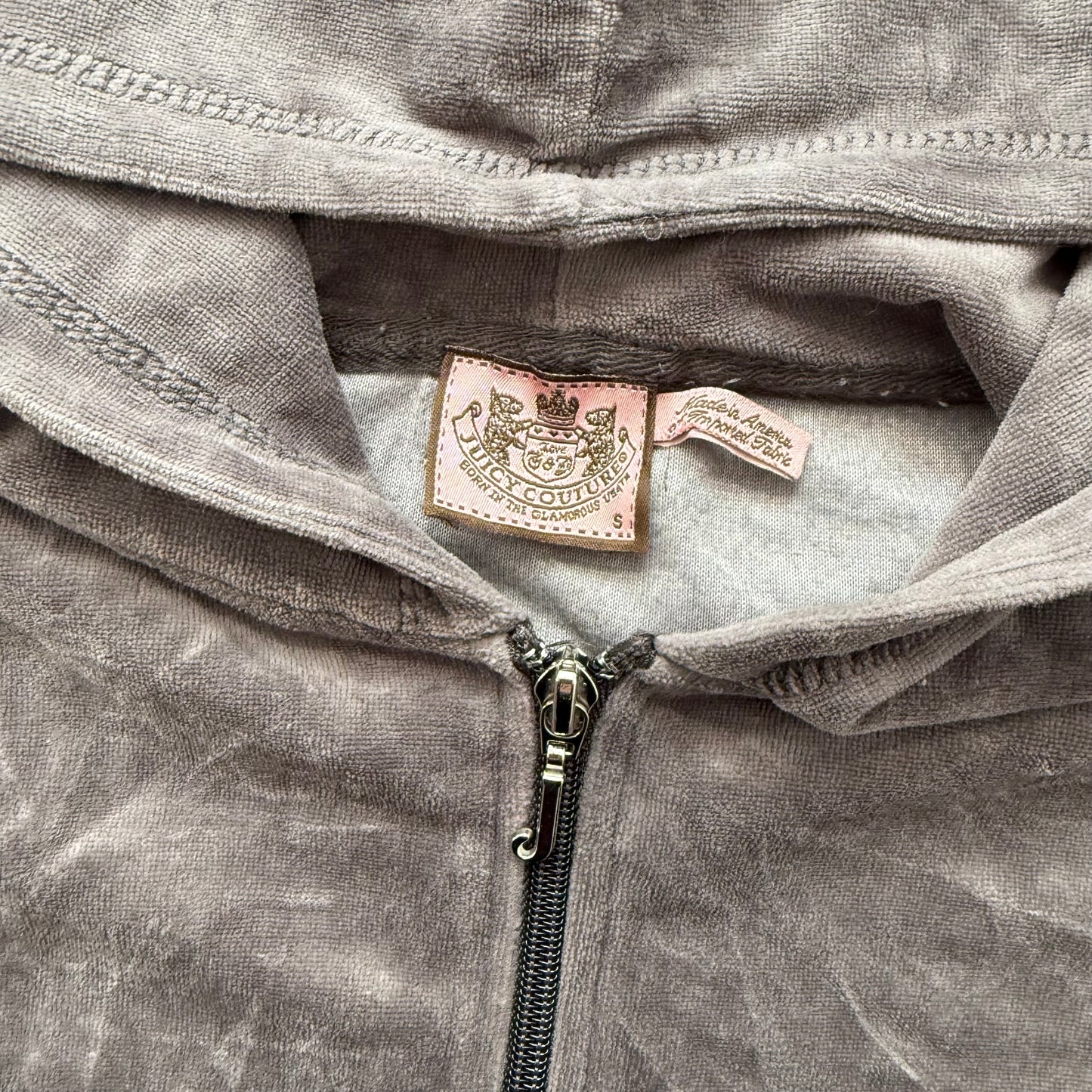 Vintage Juicy Couture Women's Charcoal Grey Velour Zip-Up Hoodie Pockets Size S