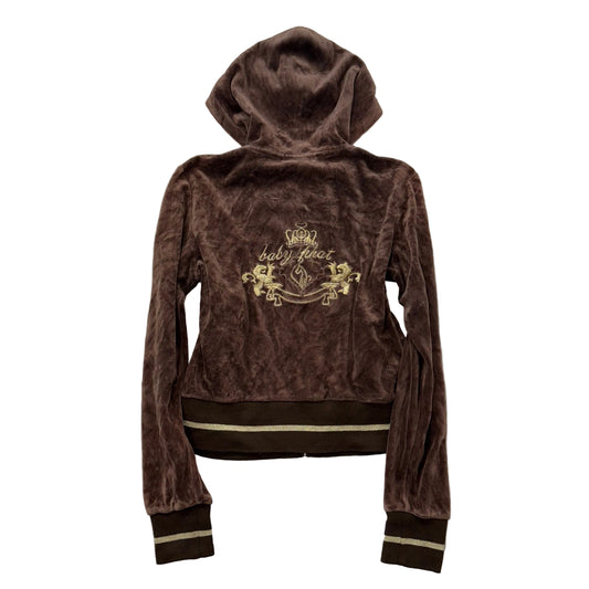 Vintage Baby Phat Womens Brown Velour Zip Up Hoodie Graphic Back Logo Y2K Size L